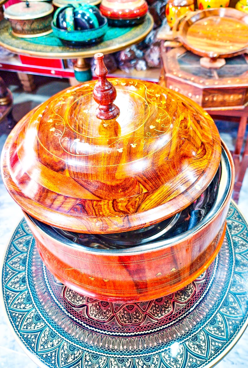 Wooden Hotpot topped With Brass Work With inner Steel Bowl